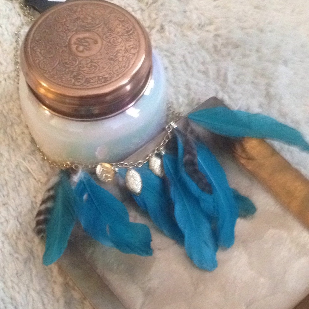 Aqua blue feather statement necklace